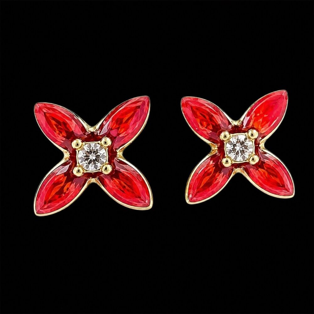 Vintage 1980s Stud Earrings Gold Tone Red Enamel Flower Crystal - 13O